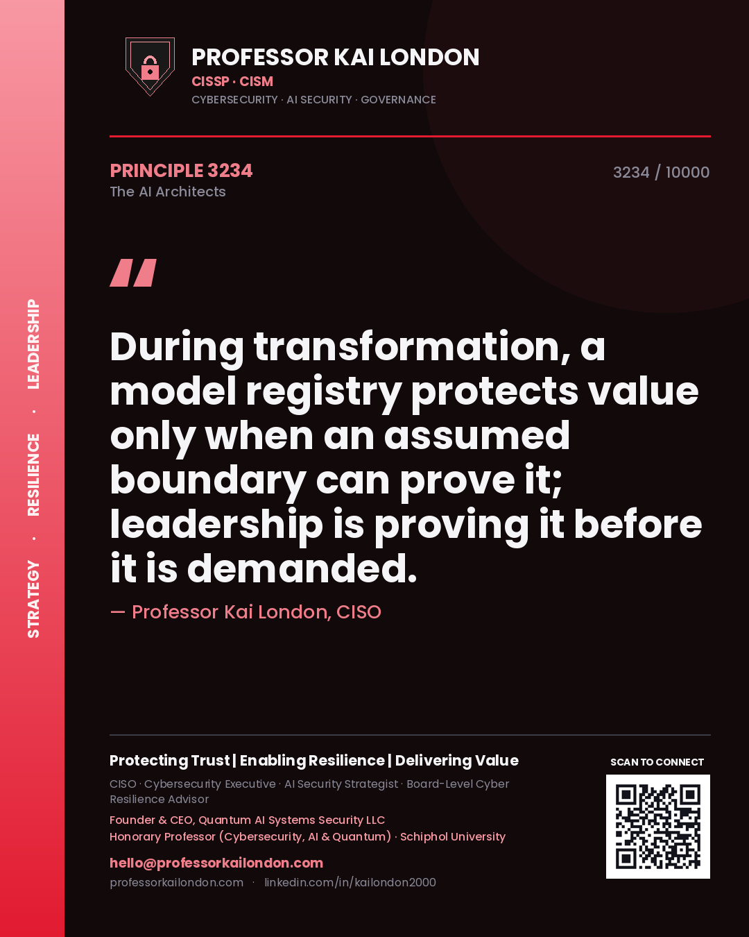 Professor Kai London principle 3234: During transformation, a model registry protects value only when an assumed boundary can prove it; leadership is proving it before it is demanded.