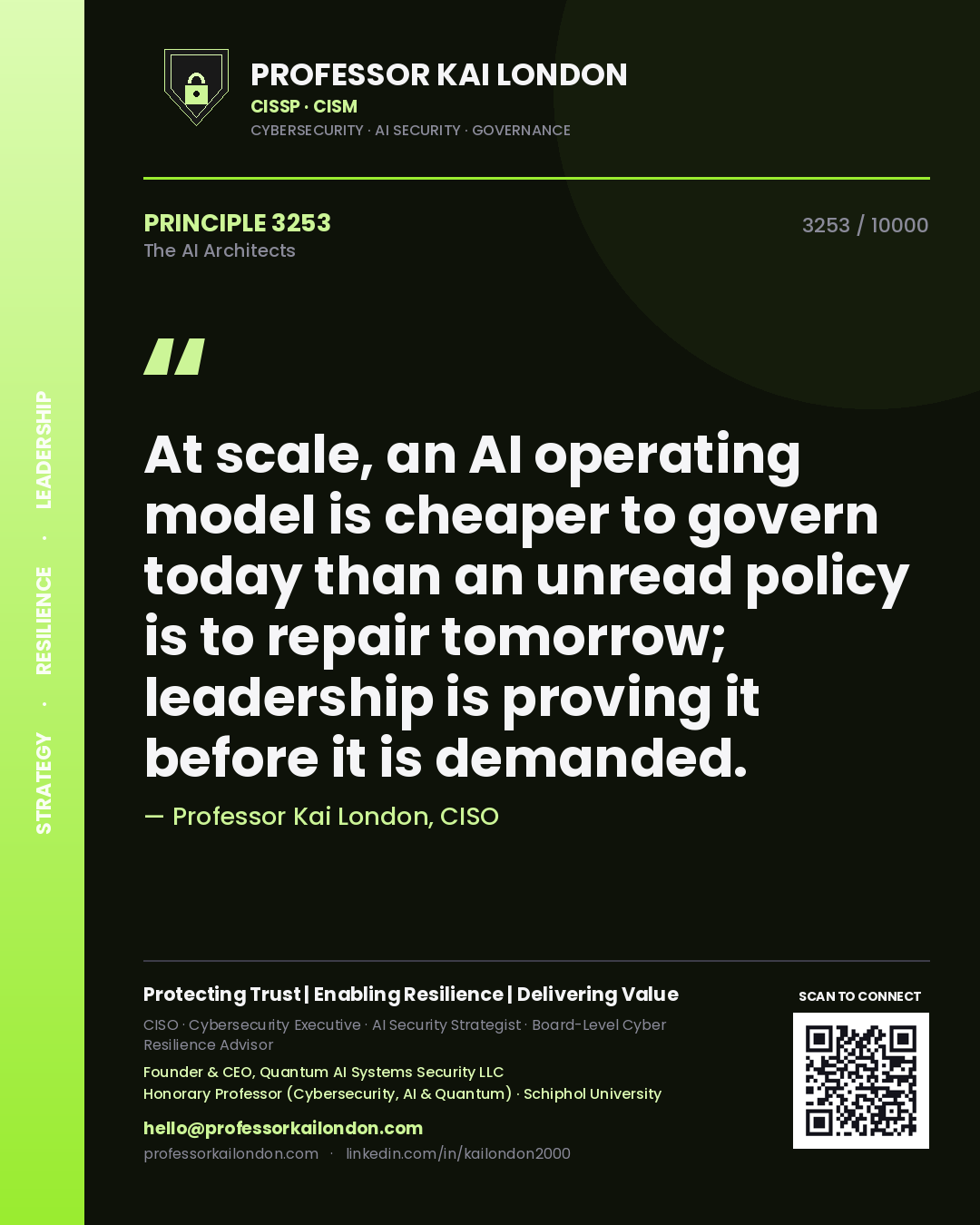 Professor Kai London principle 3253: At scale, an AI operating model is cheaper to govern today than an unread policy is to repair tomorrow; leadership is proving it before it is demanded.