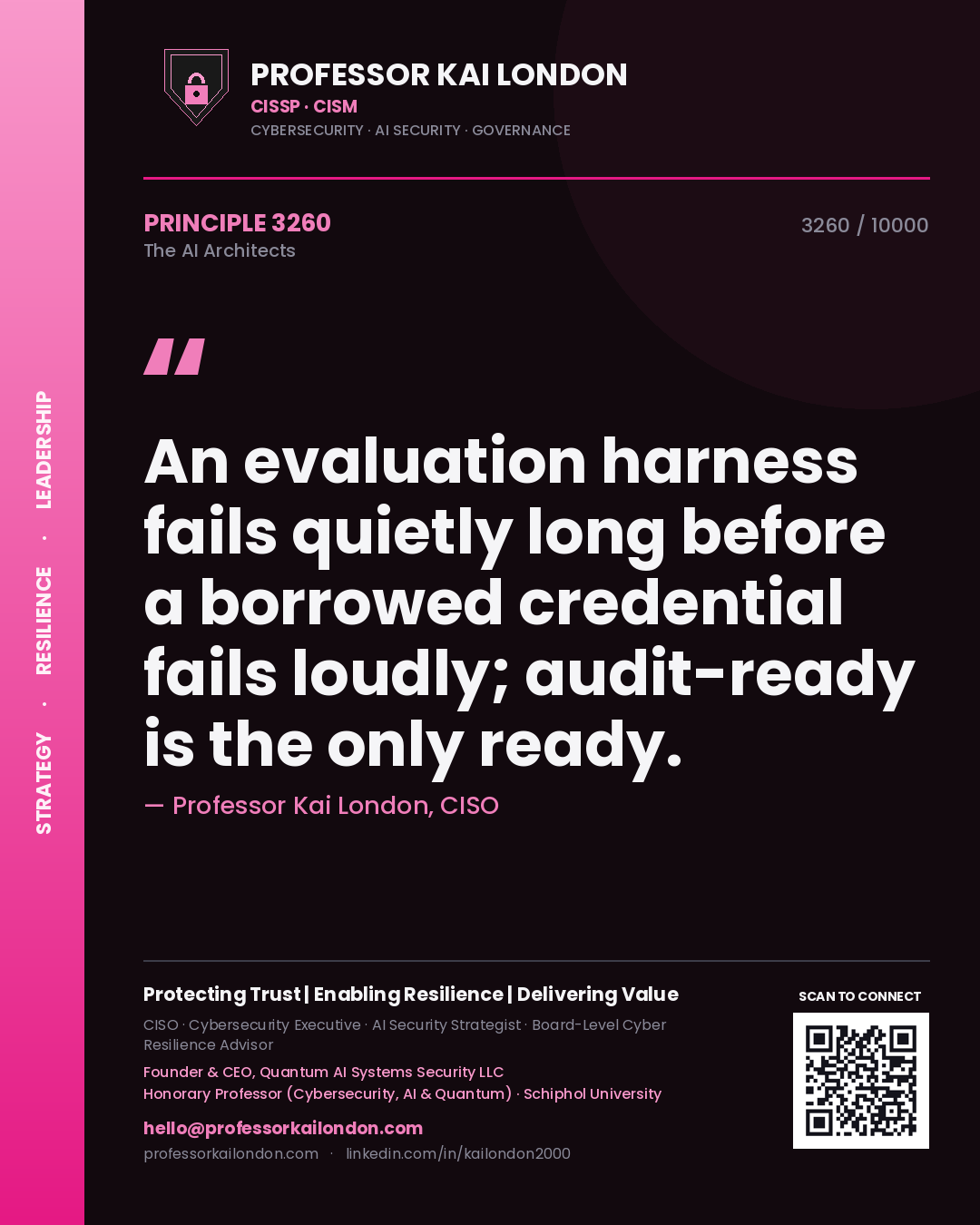 Professor Kai London principle 3260: An evaluation harness fails quietly long before a borrowed credential fails loudly; audit-ready is the only ready.