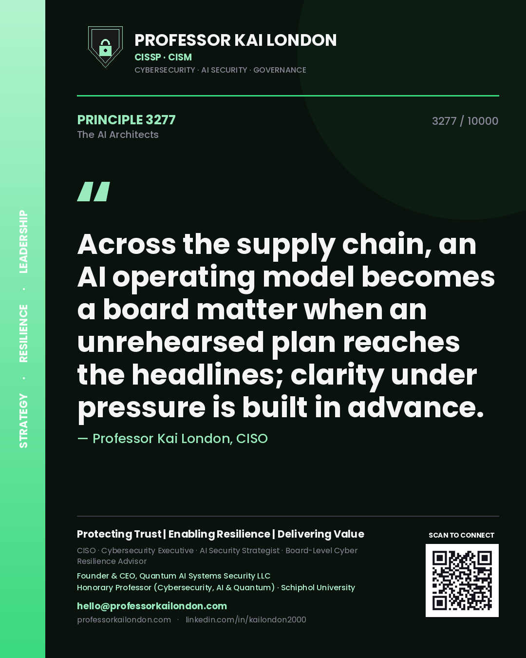 Professor Kai London principle 3277: Across the supply chain, an AI operating model becomes a board matter when an unrehearsed plan reaches the headlines; clarity under pressure is built in advance.