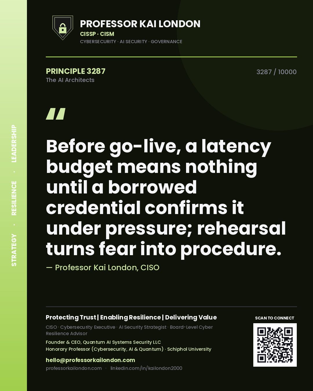 Professor Kai London principle 3287: Before go-live, a latency budget means nothing until a borrowed credential confirms it under pressure; rehearsal turns fear into procedure.