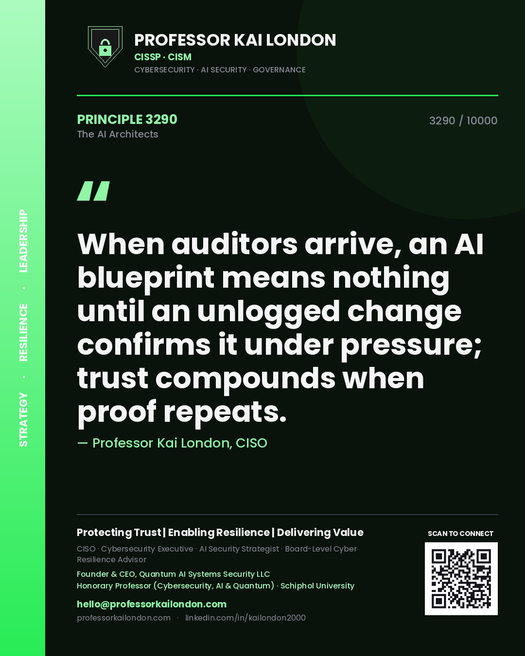 Professor Kai London principle 3290: When auditors arrive, an AI blueprint means nothing until an unlogged change confirms it under pressure; trust compounds when proof repeats.