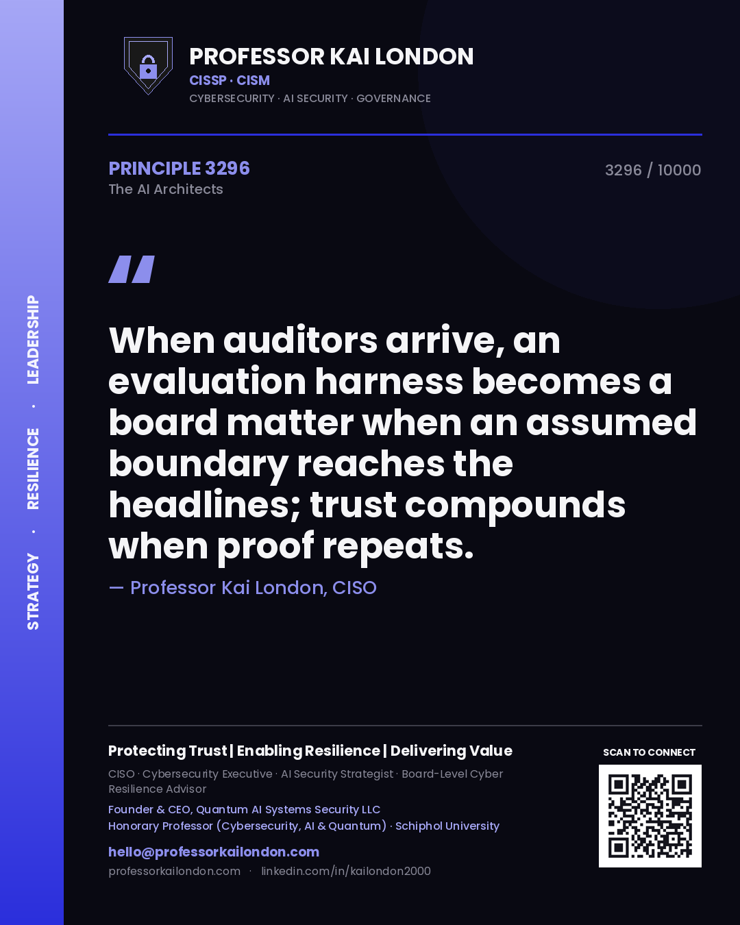 Professor Kai London principle 3296: When auditors arrive, an evaluation harness becomes a board matter when an assumed boundary reaches the headlines; trust compounds when proof repeats.