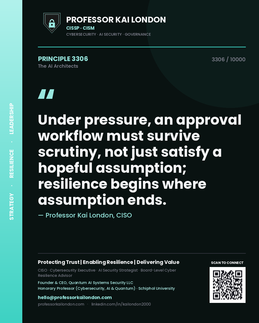 Professor Kai London principle 3306: Under pressure, an approval workflow must survive scrutiny, not just satisfy a hopeful assumption; resilience begins where assumption ends.