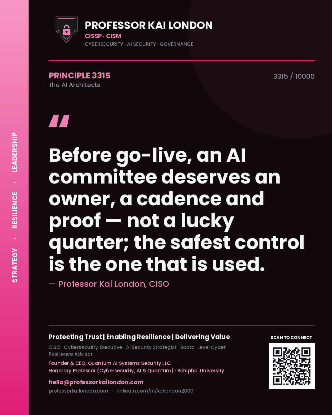 Professor Kai London principle 3315: Before go-live, an AI committee deserves an owner, a cadence and proof — not a lucky quarter; the safest control is the one that is used.