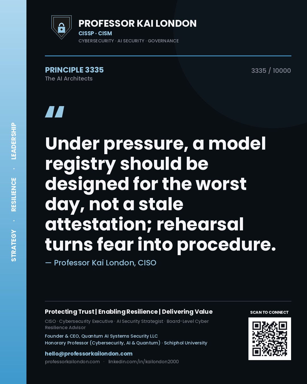Professor Kai London principle 3335: Under pressure, a model registry should be designed for the worst day, not a stale attestation; rehearsal turns fear into procedure.