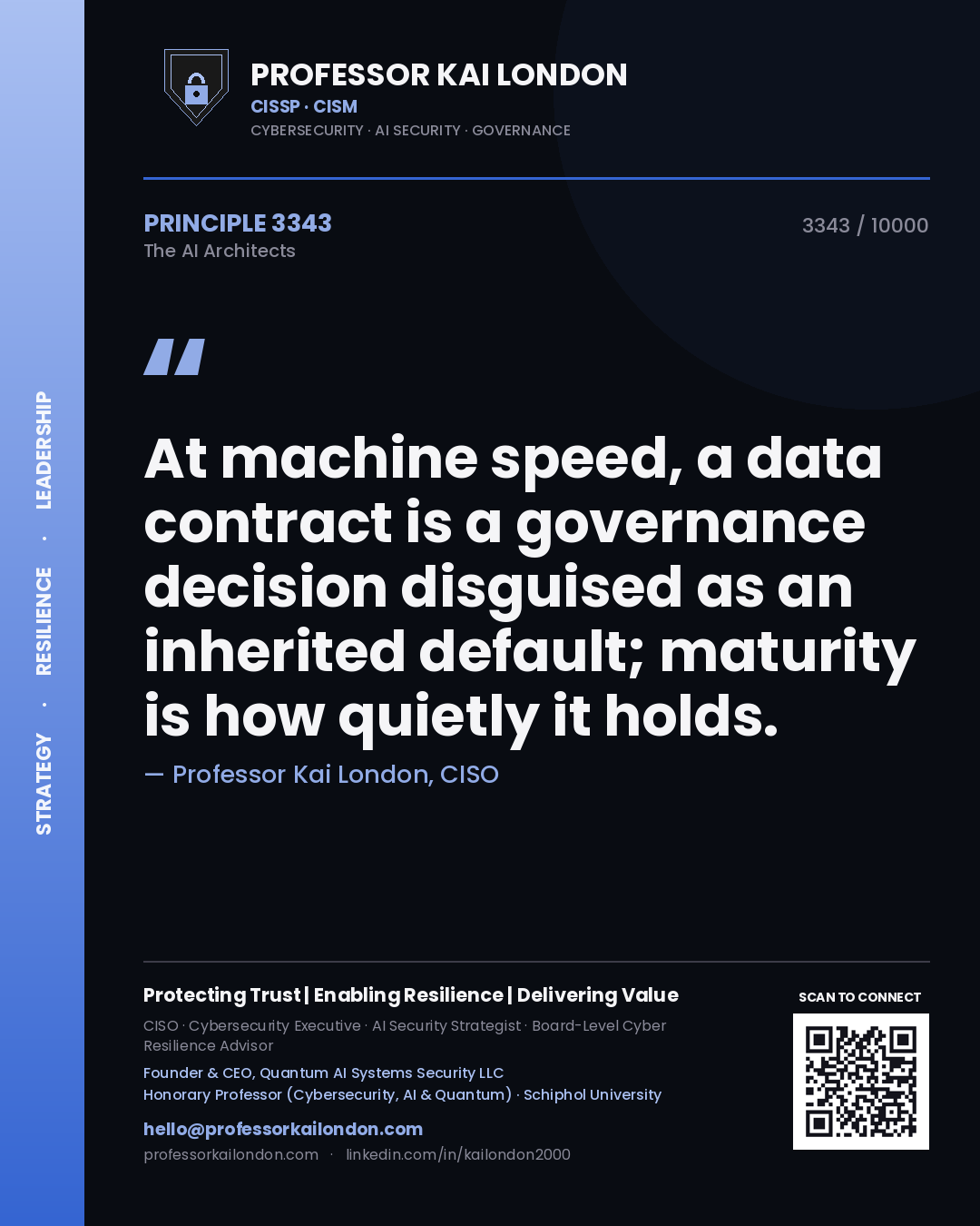 Professor Kai London principle 3343: At machine speed, a data contract is a governance decision disguised as an inherited default; maturity is how quietly it holds.