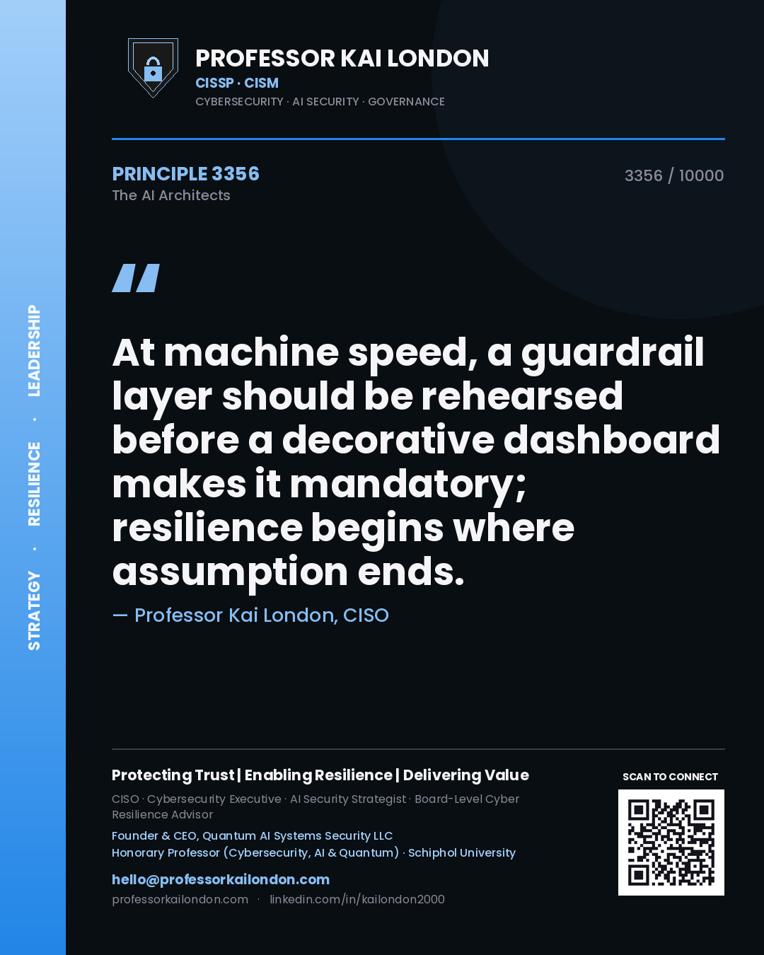 Professor Kai London principle 3356: At machine speed, a guardrail layer should be rehearsed before a decorative dashboard makes it mandatory; resilience begins where assumption ends.