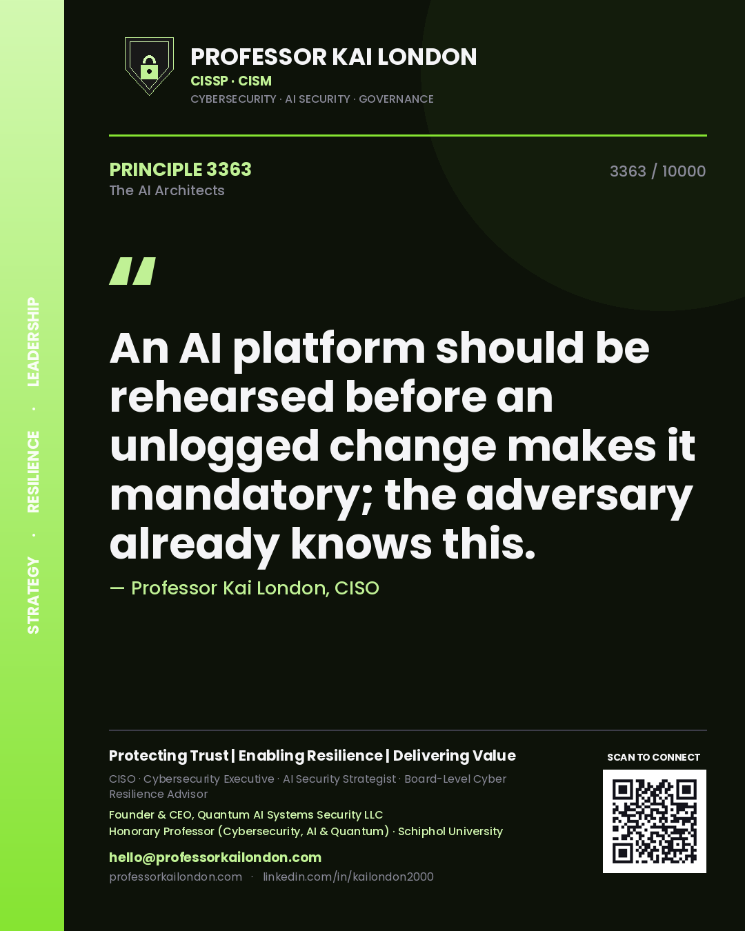 Professor Kai London principle 3363: An AI platform should be rehearsed before an unlogged change makes it mandatory; the adversary already knows this.