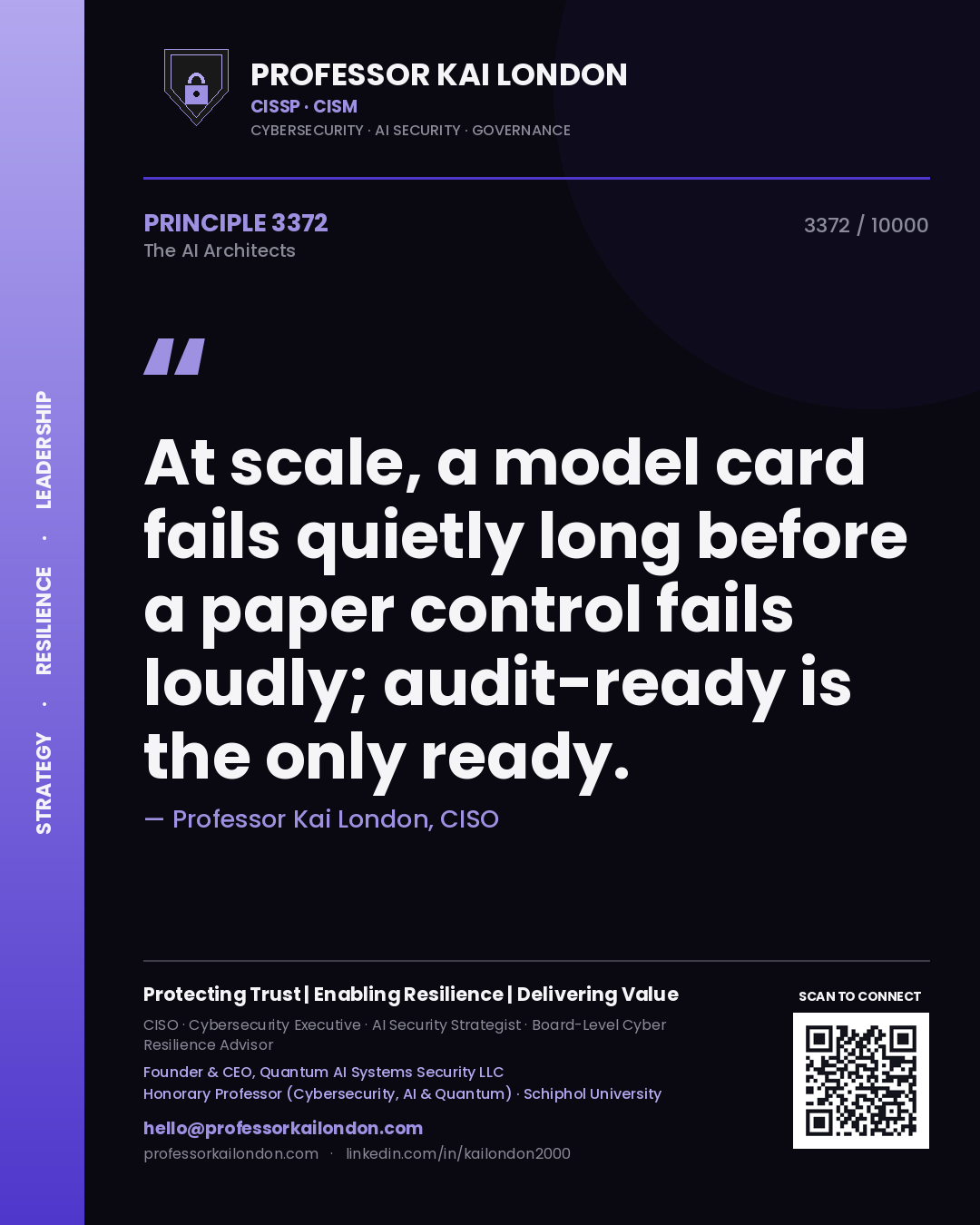 Professor Kai London principle 3372: At scale, a model card fails quietly long before a paper control fails loudly; audit-ready is the only ready.