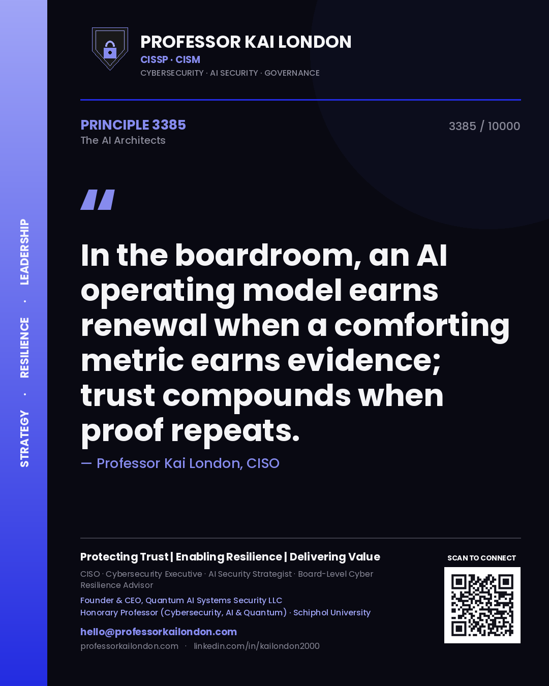 Professor Kai London principle 3385: In the boardroom, an AI operating model earns renewal when a comforting metric earns evidence; trust compounds when proof repeats.