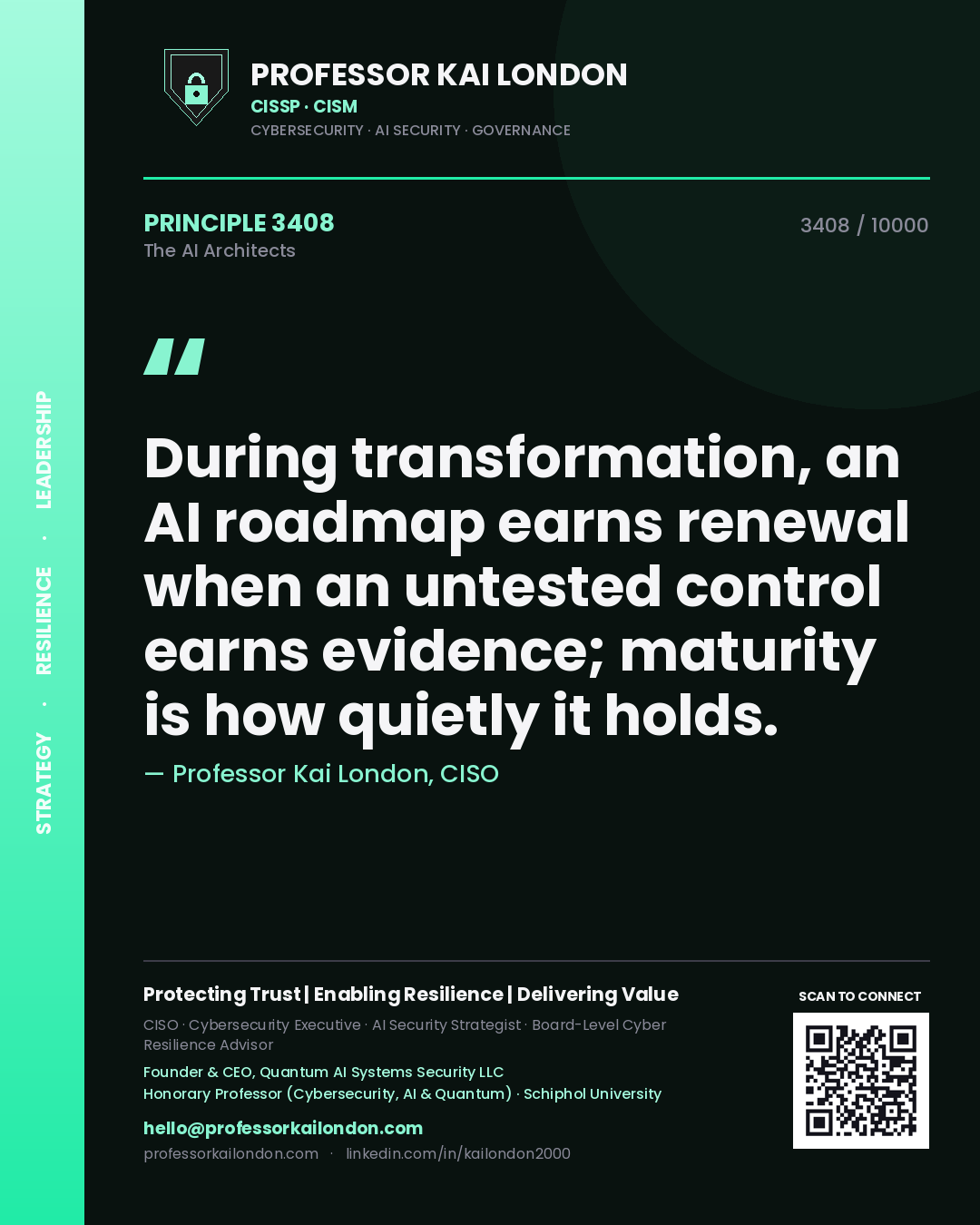 Professor Kai London principle 3408: During transformation, an AI roadmap earns renewal when an untested control earns evidence; maturity is how quietly it holds.