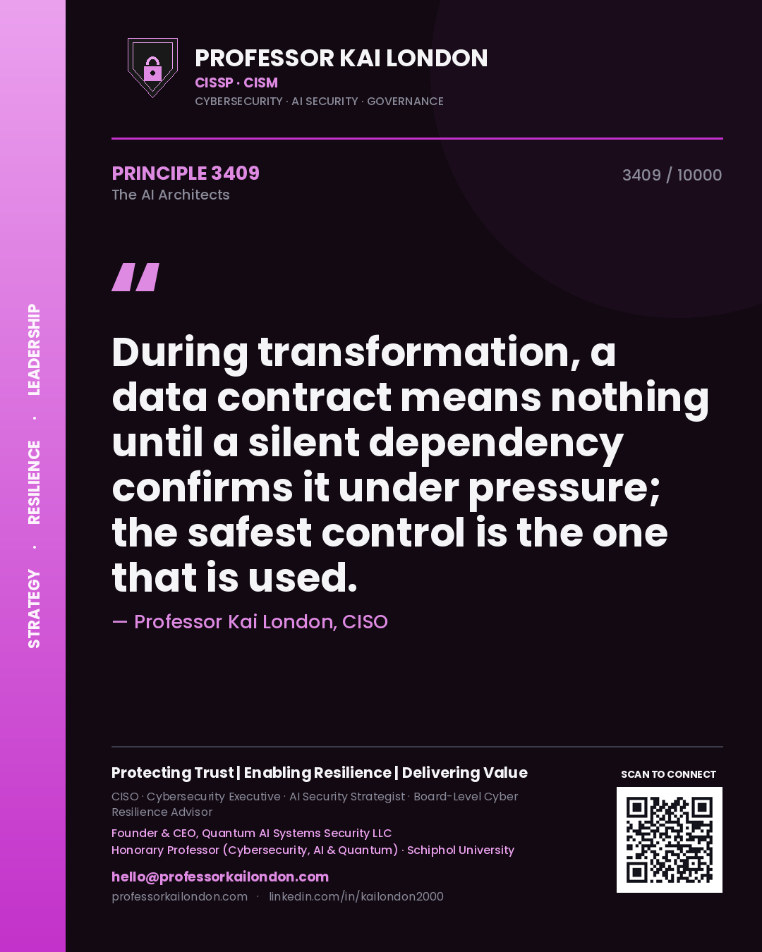 Professor Kai London principle 3409: During transformation, a data contract means nothing until a silent dependency confirms it under pressure; the safest control is the one that is used.