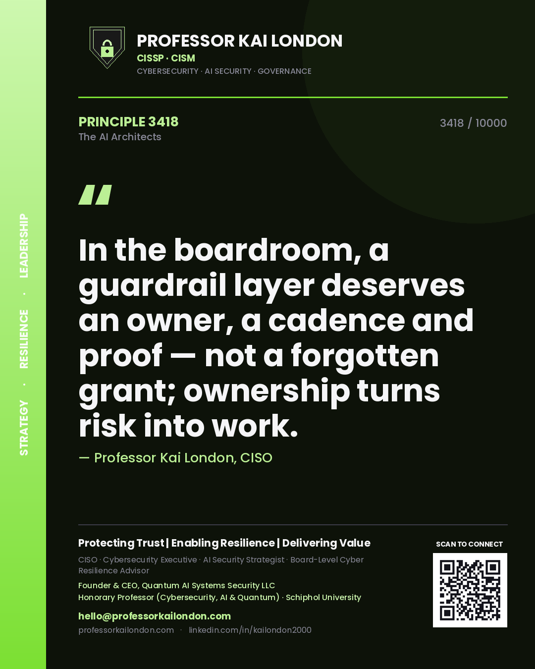 Professor Kai London principle 3418: In the boardroom, a guardrail layer deserves an owner, a cadence and proof — not a forgotten grant; ownership turns risk into work.