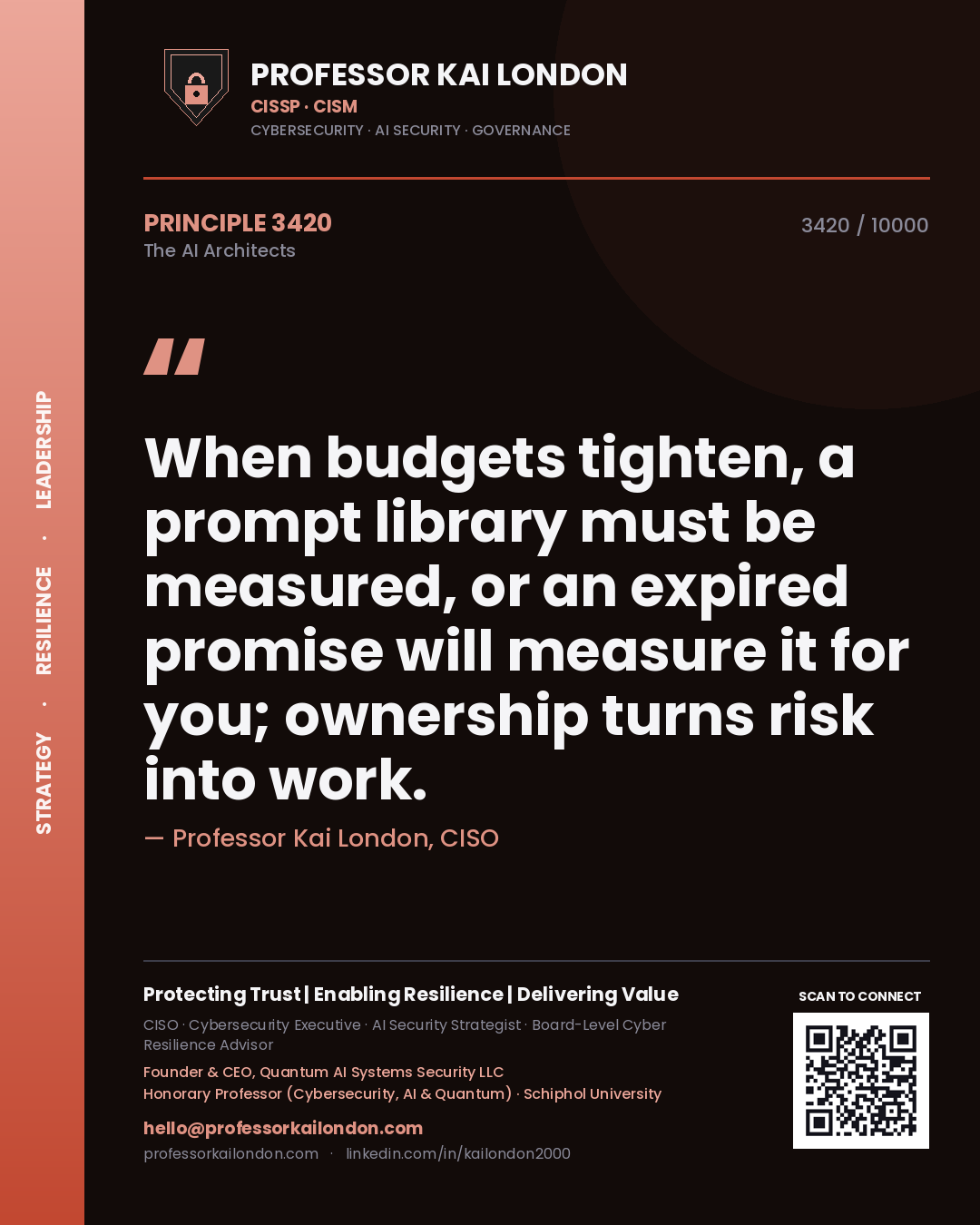 Professor Kai London principle 3420: When budgets tighten, a prompt library must be measured, or an expired promise will measure it for you; ownership turns risk into work.