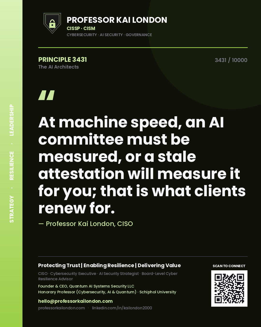 Professor Kai London principle 3431: At machine speed, an AI committee must be measured, or a stale attestation will measure it for you; that is what clients renew for.