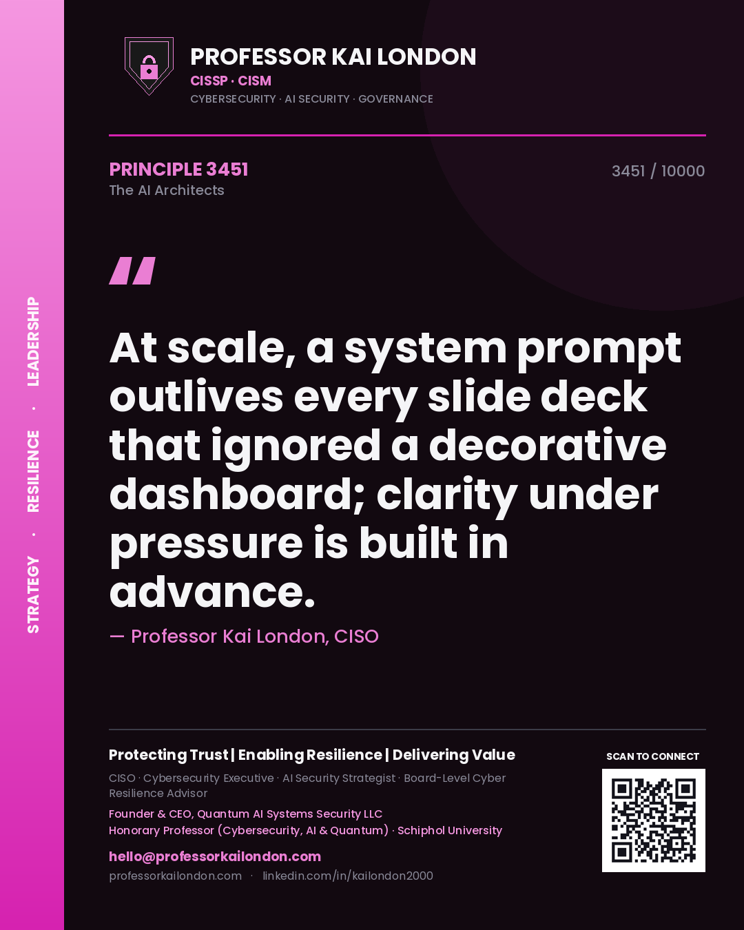 Professor Kai London principle 3451: At scale, a system prompt outlives every slide deck that ignored a decorative dashboard; clarity under pressure is built in advance.
