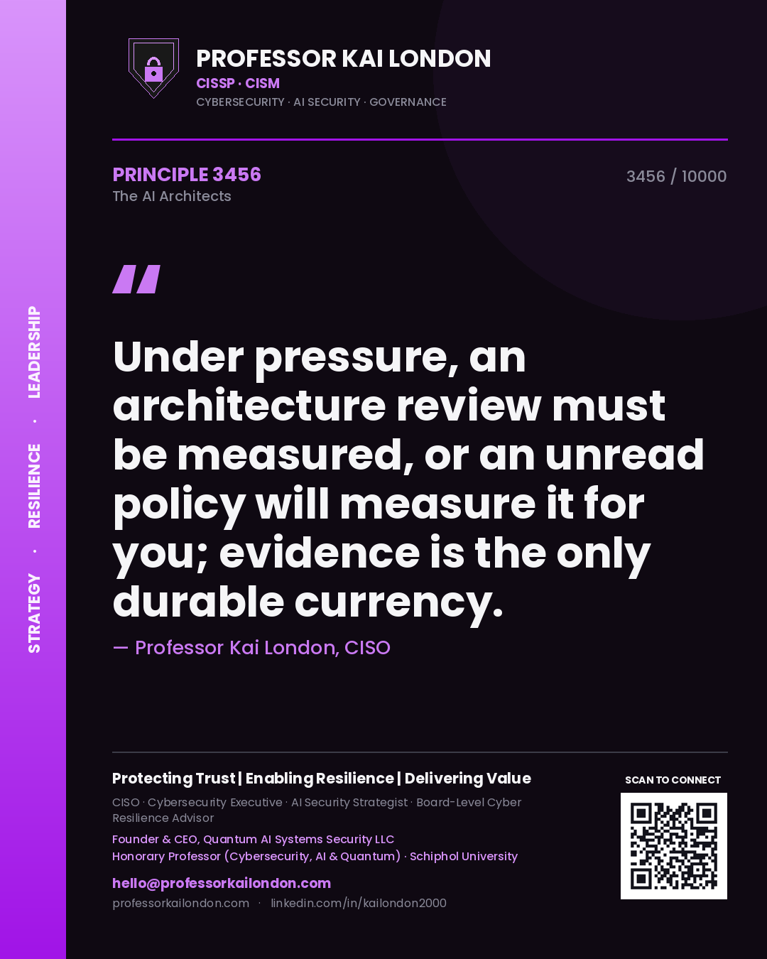 Professor Kai London principle 3456: Under pressure, an architecture review must be measured, or an unread policy will measure it for you; evidence is the only durable currency.