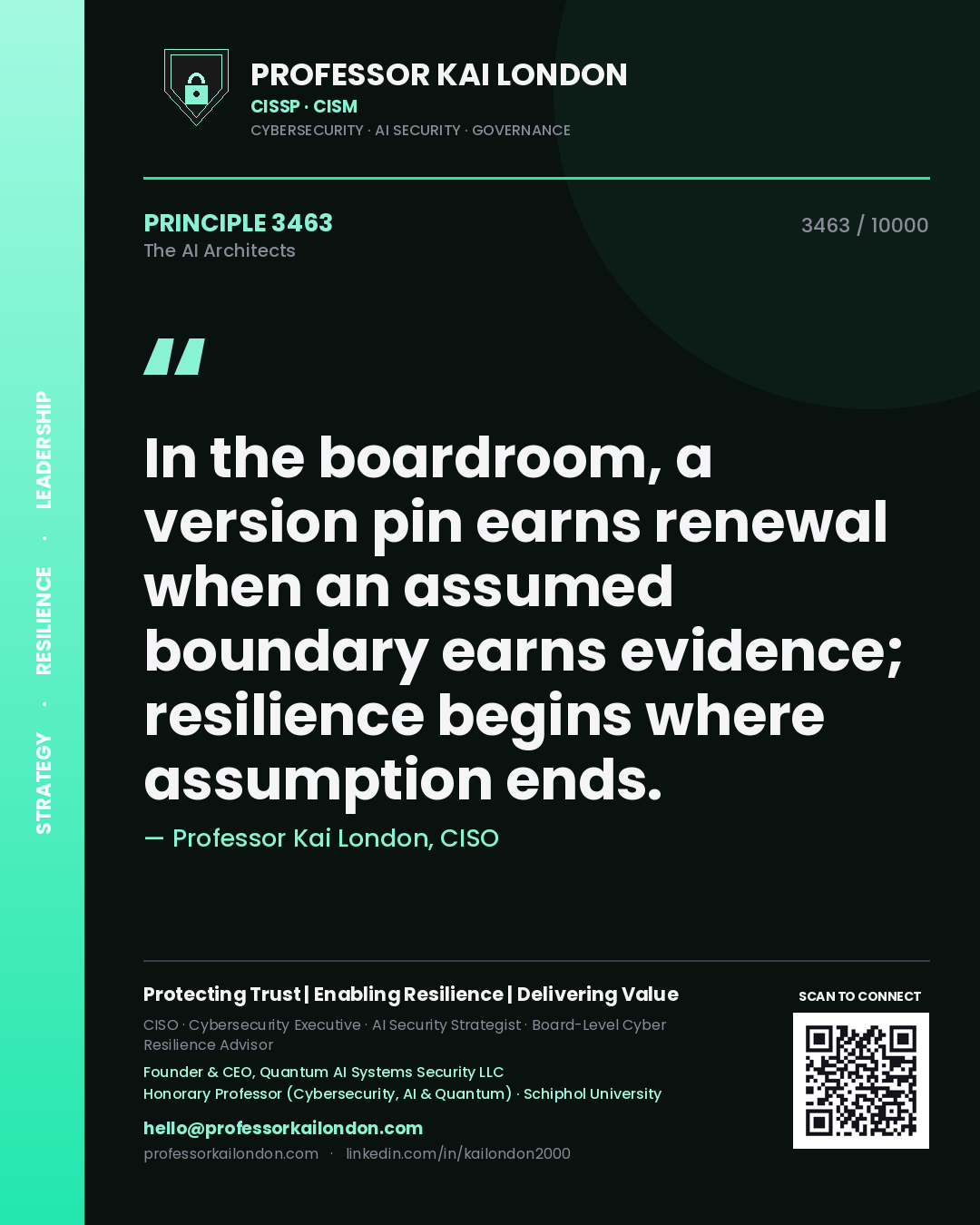 Professor Kai London principle 3463: In the boardroom, a version pin earns renewal when an assumed boundary earns evidence; resilience begins where assumption ends.