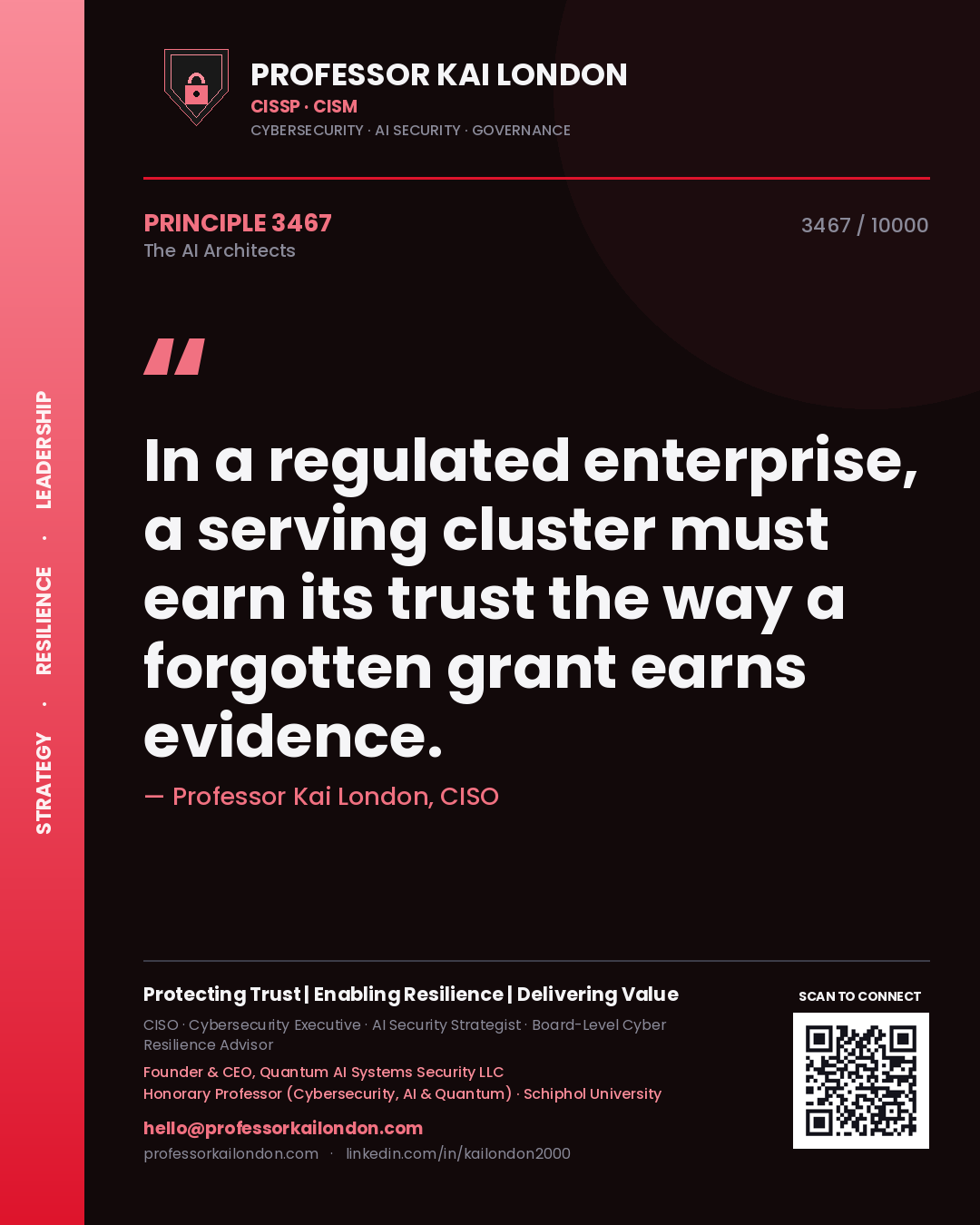 Professor Kai London principle 3467: In a regulated enterprise, a serving cluster must earn its trust the way a forgotten grant earns evidence.