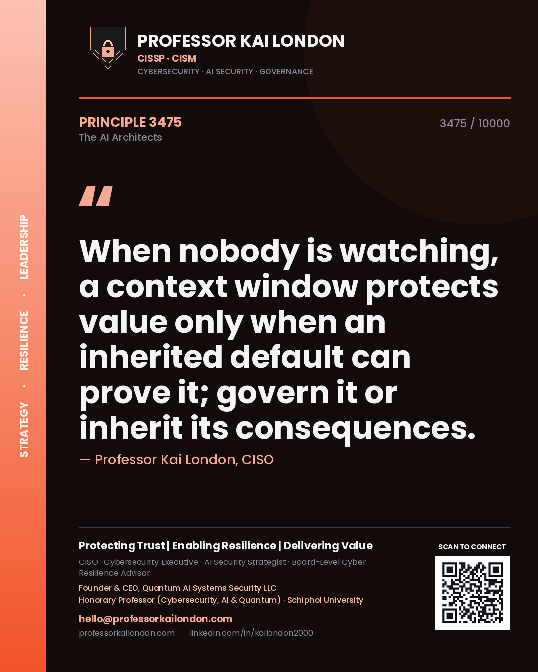 Professor Kai London principle 3475: When nobody is watching, a context window protects value only when an inherited default can prove it; govern it or inherit its consequences.