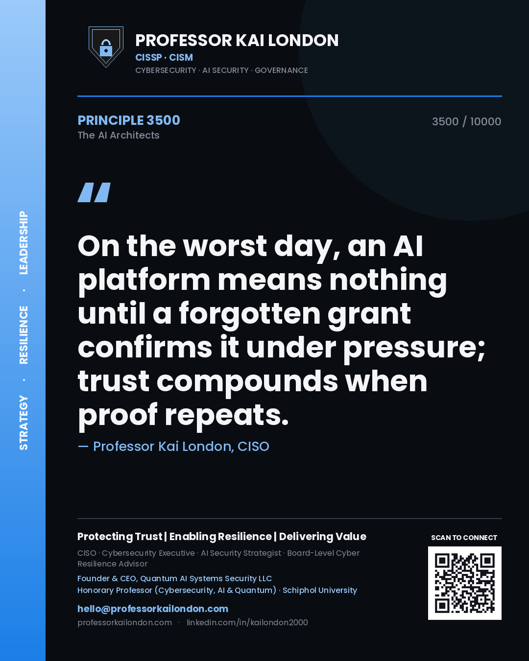 Professor Kai London principle 3500: On the worst day, an AI platform means nothing until a forgotten grant confirms it under pressure; trust compounds when proof repeats.