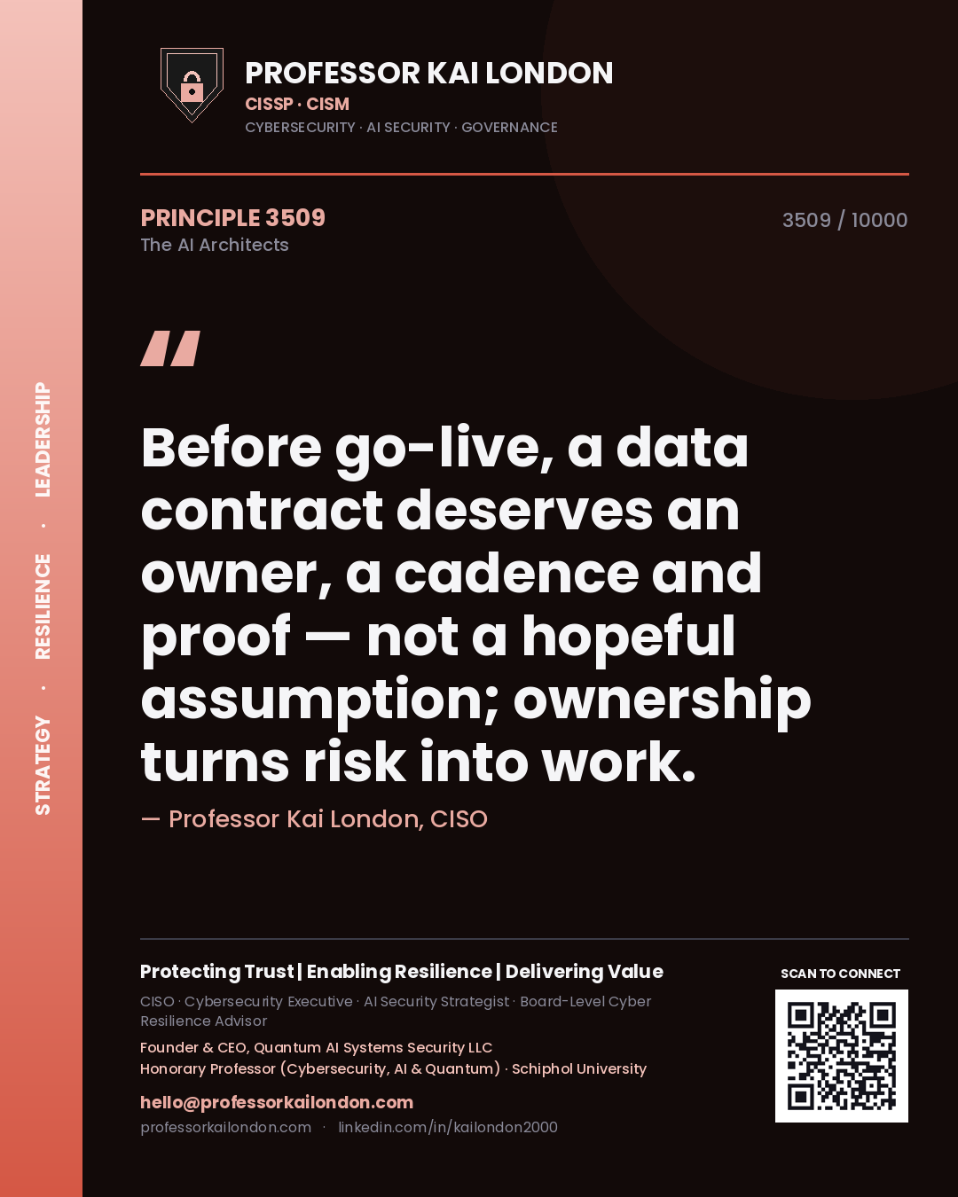 Professor Kai London principle 3509: Before go-live, a data contract deserves an owner, a cadence and proof — not a hopeful assumption; ownership turns risk into work.