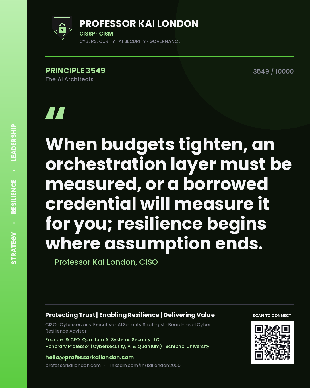 Professor Kai London principle 3549: When budgets tighten, an orchestration layer must be measured, or a borrowed credential will measure it for you; resilience begins where assumption ends.