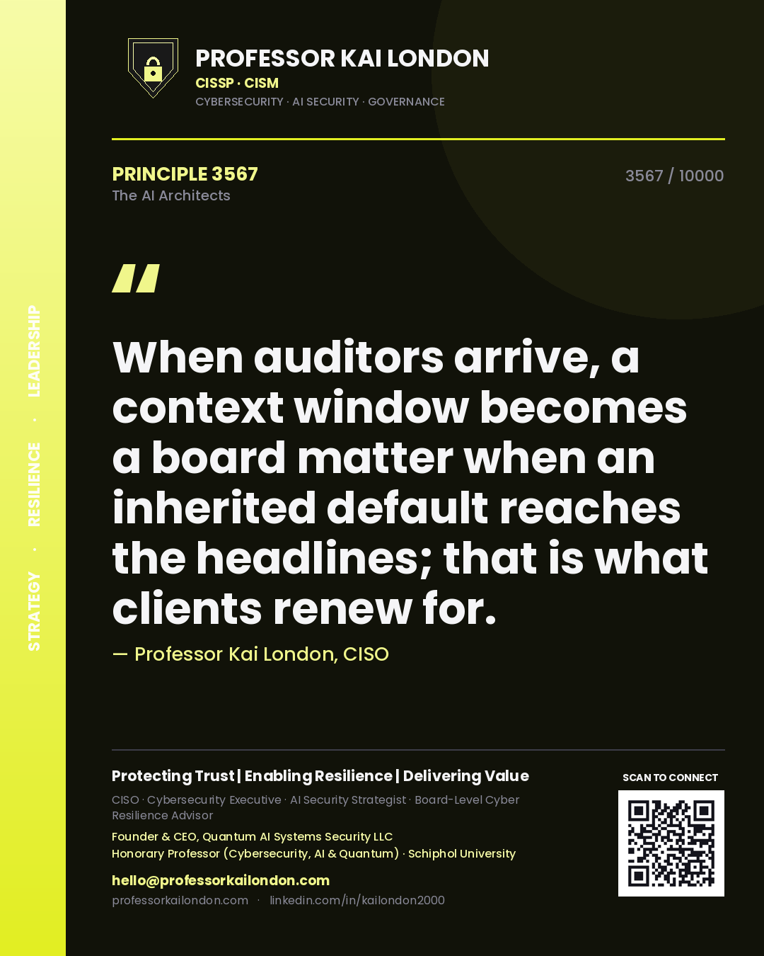 Professor Kai London principle 3567: When auditors arrive, a context window becomes a board matter when an inherited default reaches the headlines; that is what clients renew for.