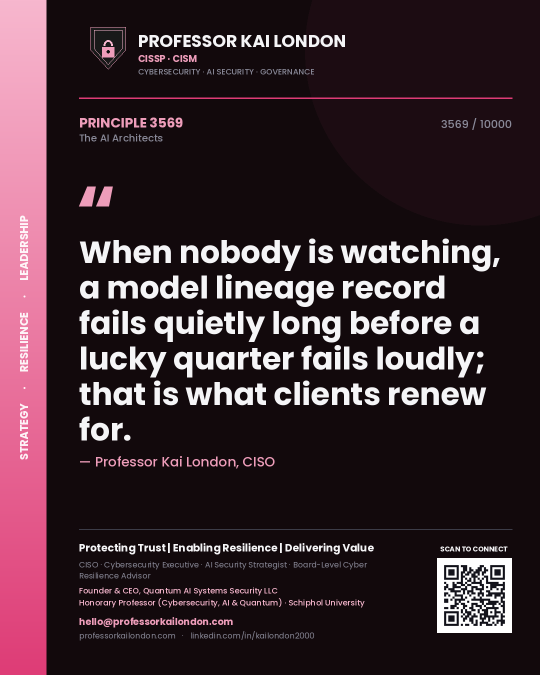 Professor Kai London principle 3569: When nobody is watching, a model lineage record fails quietly long before a lucky quarter fails loudly; that is what clients renew for.