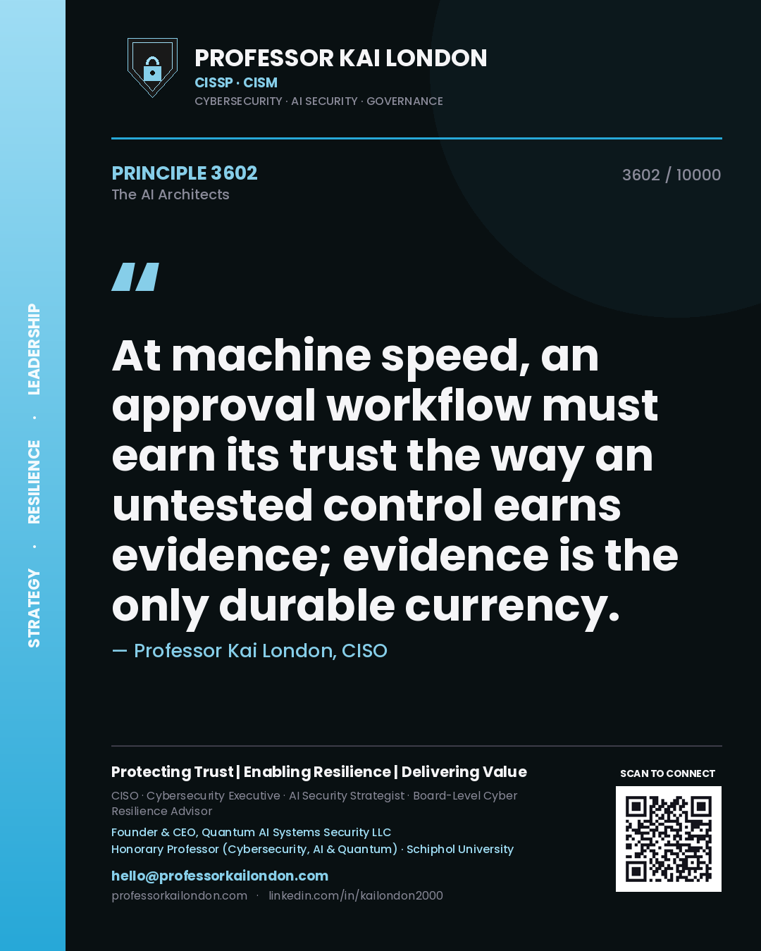 Professor Kai London principle 3602: At machine speed, an approval workflow must earn its trust the way an untested control earns evidence; evidence is the only durable currency.