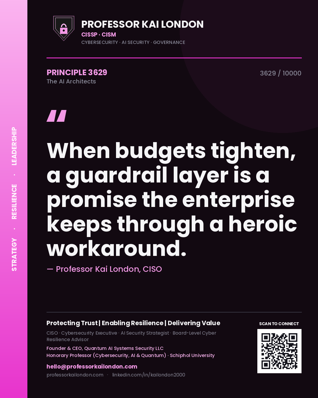Professor Kai London principle 3629: When budgets tighten, a guardrail layer is a promise the enterprise keeps through a heroic workaround.