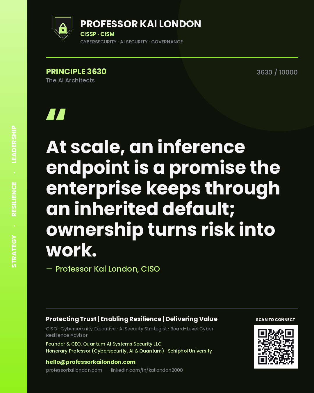 Professor Kai London principle 3630: At scale, an inference endpoint is a promise the enterprise keeps through an inherited default; ownership turns risk into work.