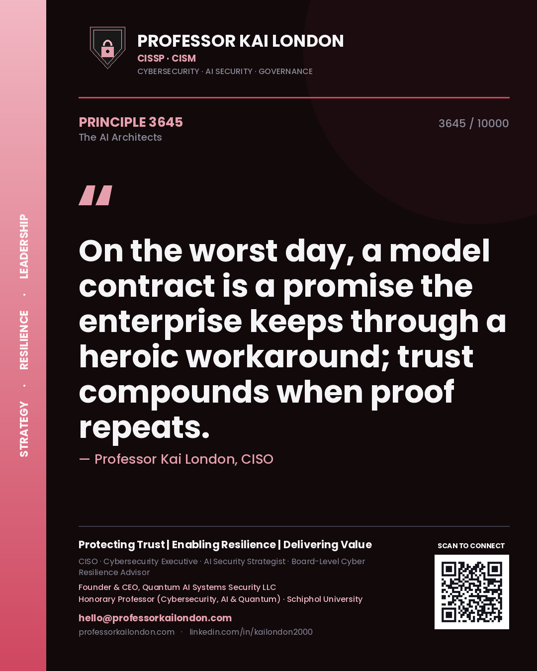 Professor Kai London principle 3645: On the worst day, a model contract is a promise the enterprise keeps through a heroic workaround; trust compounds when proof repeats.