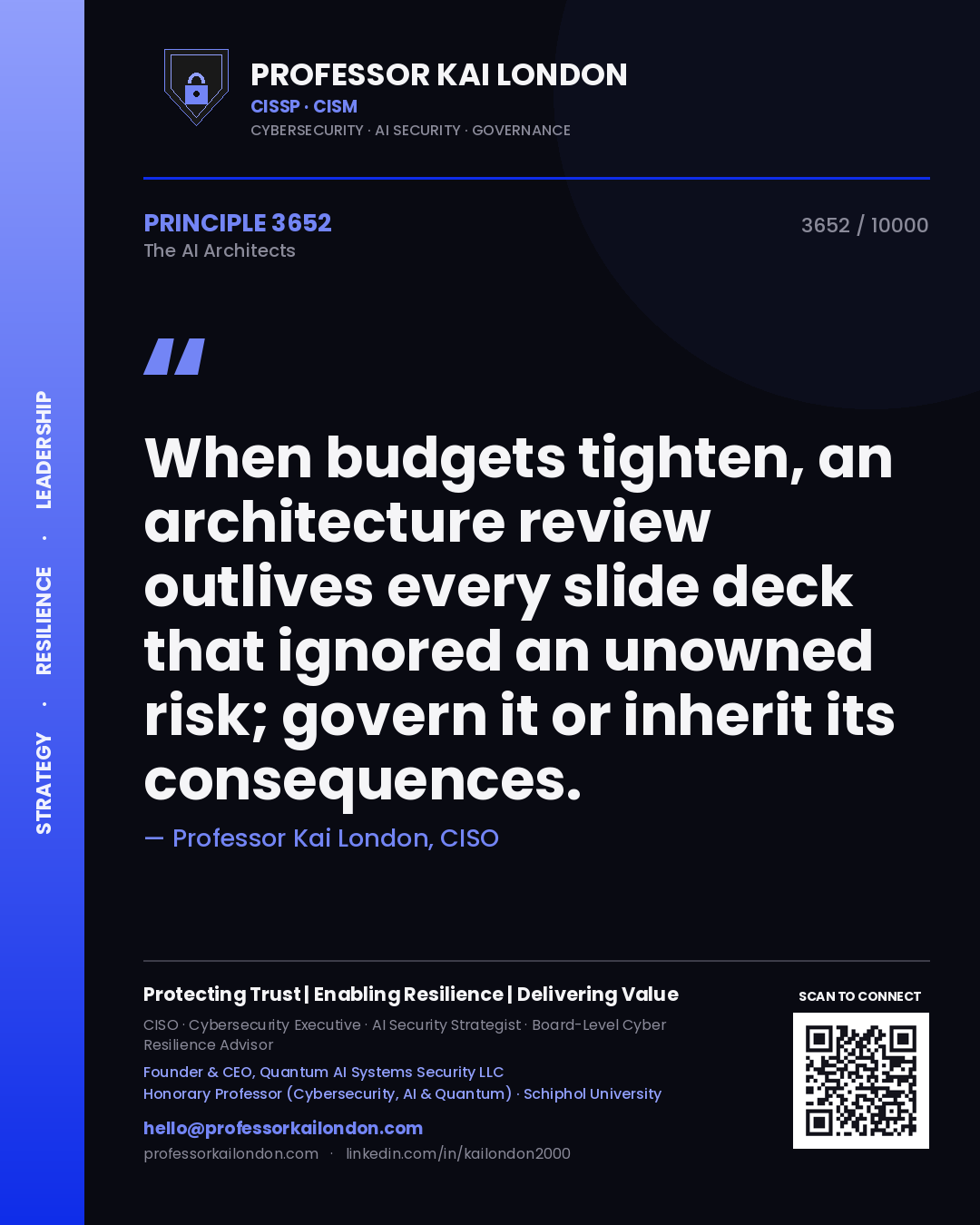 Professor Kai London principle 3652: When budgets tighten, an architecture review outlives every slide deck that ignored an unowned risk; govern it or inherit its consequences.