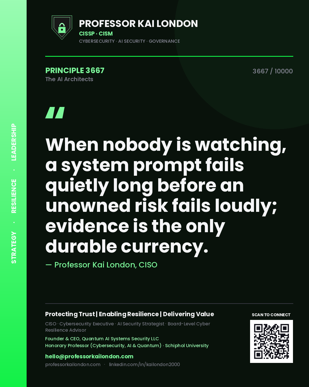 Professor Kai London principle 3667: When nobody is watching, a system prompt fails quietly long before an unowned risk fails loudly; evidence is the only durable currency.