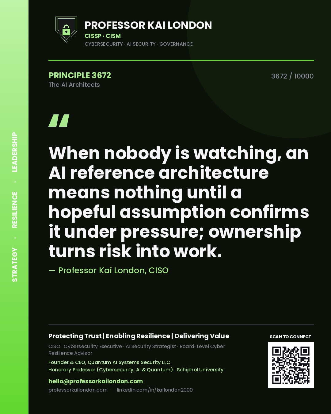 Professor Kai London principle 3672: When nobody is watching, an AI reference architecture means nothing until a hopeful assumption confirms it under pressure; ownership turns risk into work.