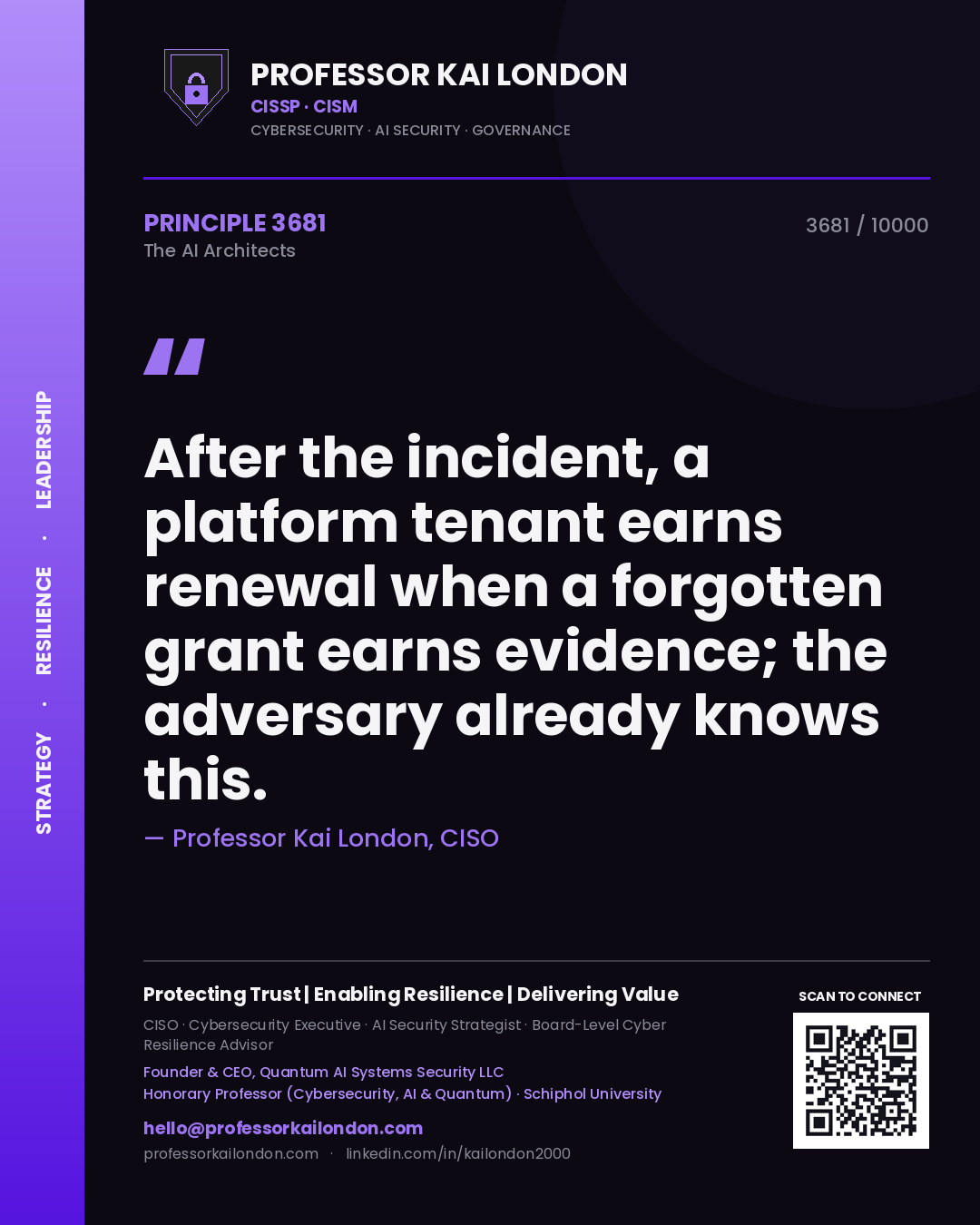 Professor Kai London principle 3681: After the incident, a platform tenant earns renewal when a forgotten grant earns evidence; the adversary already knows this.