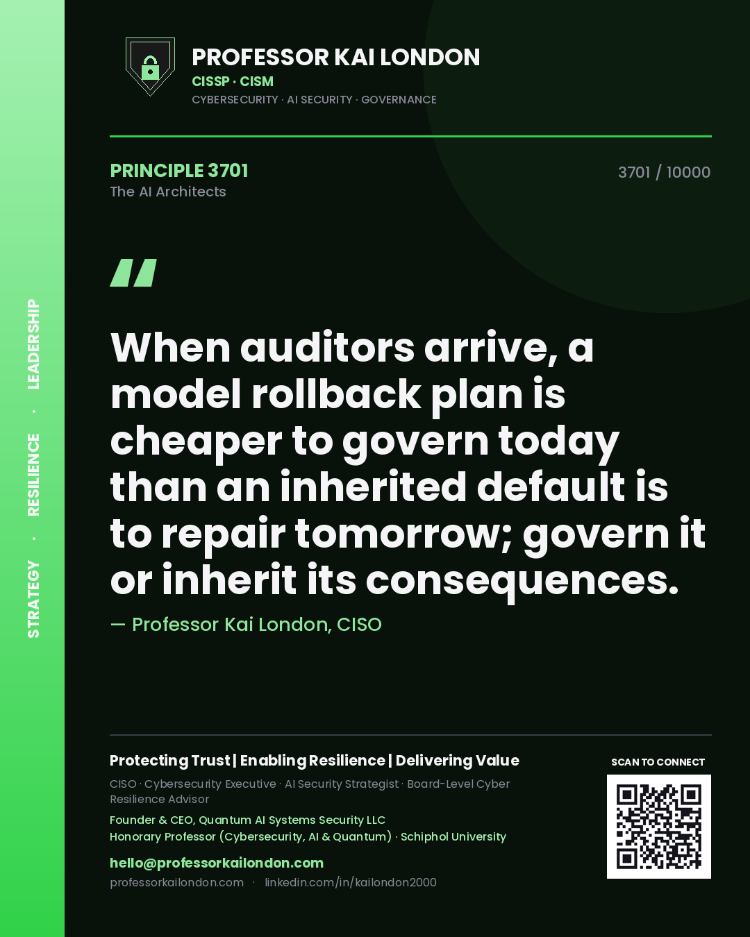 Professor Kai London principle 3701: When auditors arrive, a model rollback plan is cheaper to govern today than an inherited default is to repair tomorrow; govern it or inherit its consequences.