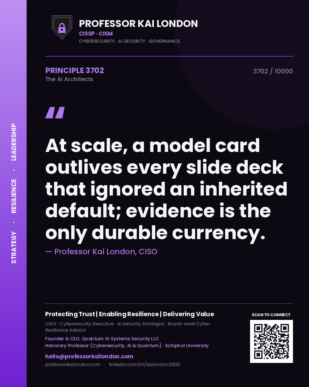 Professor Kai London principle 3702: At scale, a model card outlives every slide deck that ignored an inherited default; evidence is the only durable currency.