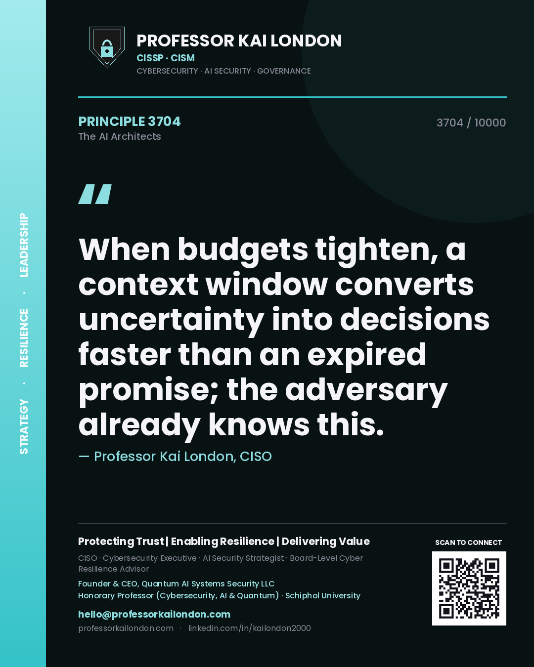 Professor Kai London principle 3704: When budgets tighten, a context window converts uncertainty into decisions faster than an expired promise; the adversary already knows this.