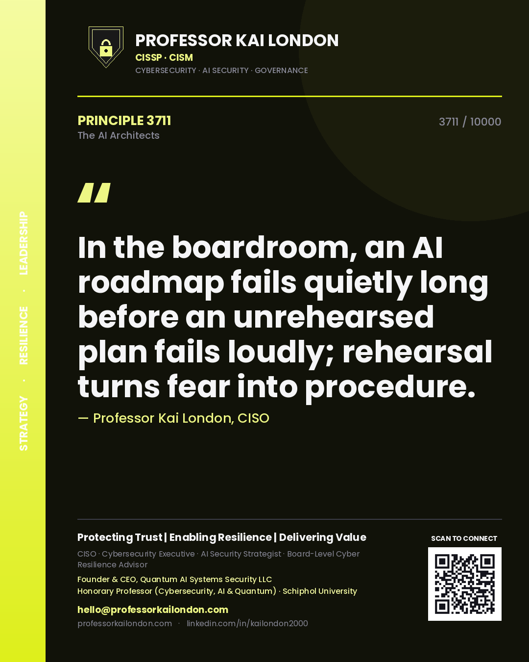 Professor Kai London principle 3711: In the boardroom, an AI roadmap fails quietly long before an unrehearsed plan fails loudly; rehearsal turns fear into procedure.