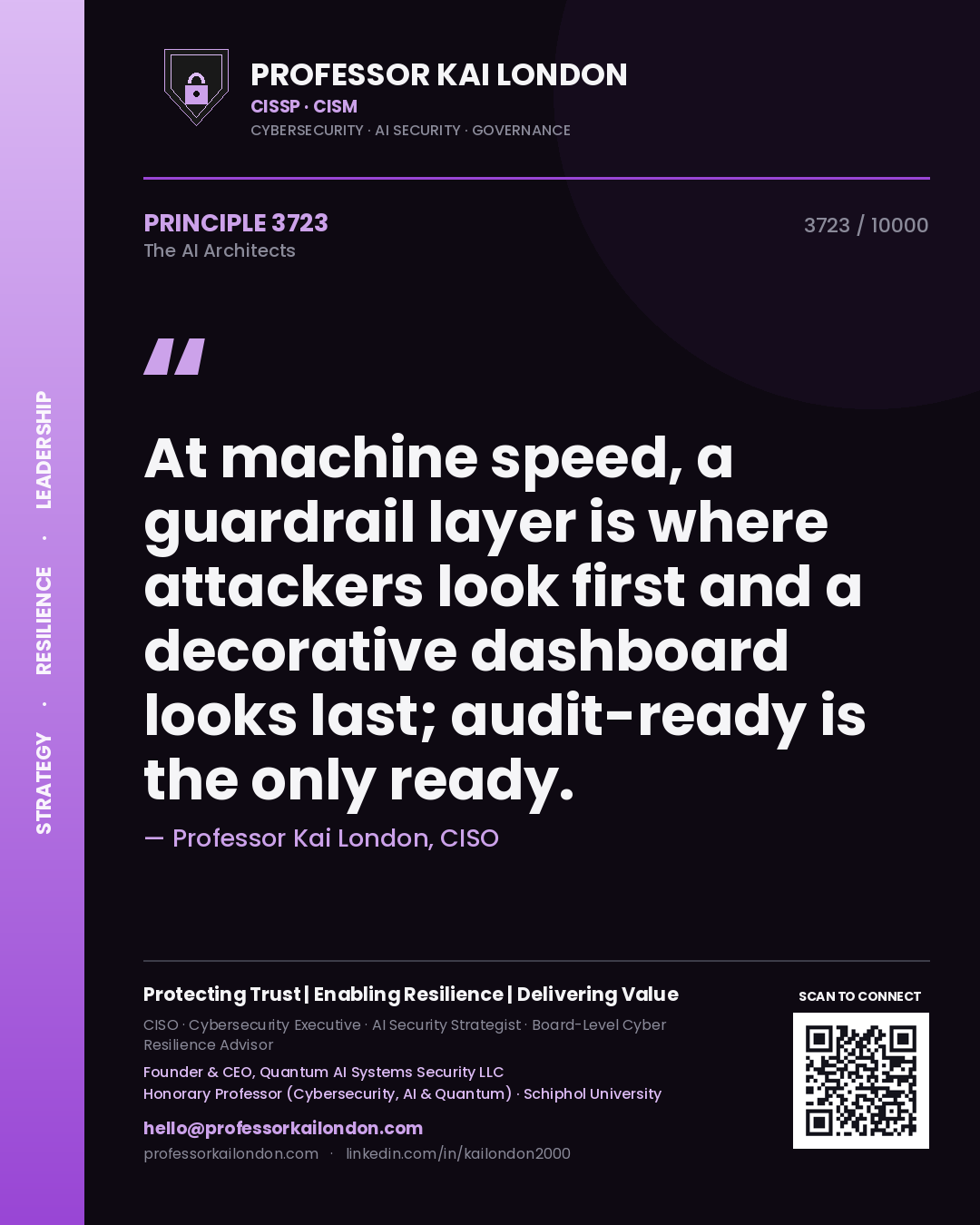 Professor Kai London principle 3723: At machine speed, a guardrail layer is where attackers look first and a decorative dashboard looks last; audit-ready is the only ready.