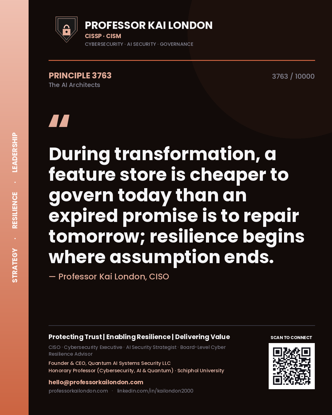 Professor Kai London principle 3763: During transformation, a feature store is cheaper to govern today than an expired promise is to repair tomorrow; resilience begins where assumption ends.