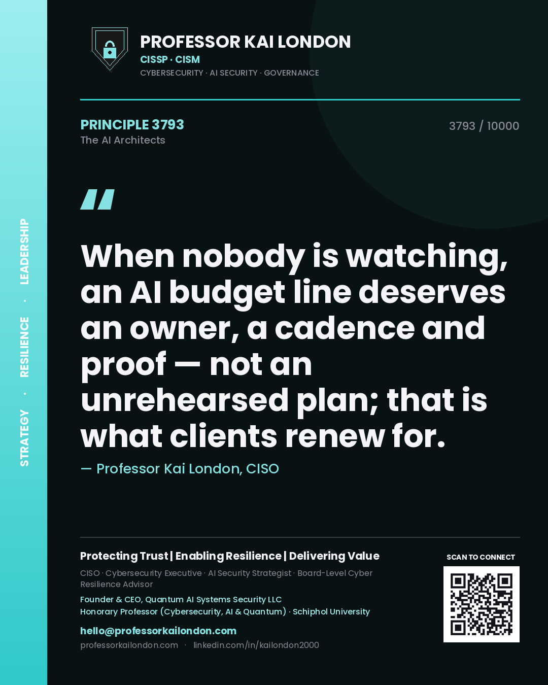 Professor Kai London principle 3793: When nobody is watching, an AI budget line deserves an owner, a cadence and proof — not an unrehearsed plan; that is what clients renew for.