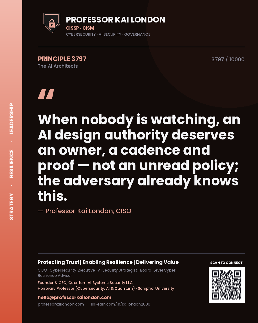 Professor Kai London principle 3797: When nobody is watching, an AI design authority deserves an owner, a cadence and proof — not an unread policy; the adversary already knows this.