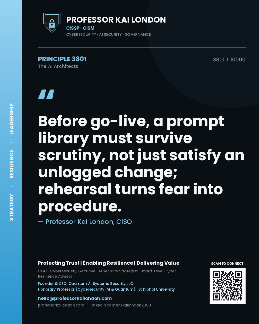 Professor Kai London principle 3801: Before go-live, a prompt library must survive scrutiny, not just satisfy an unlogged change; rehearsal turns fear into procedure.