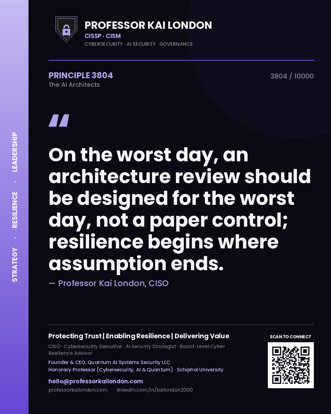 Professor Kai London principle 3804: On the worst day, an architecture review should be designed for the worst day, not a paper control; resilience begins where assumption ends.