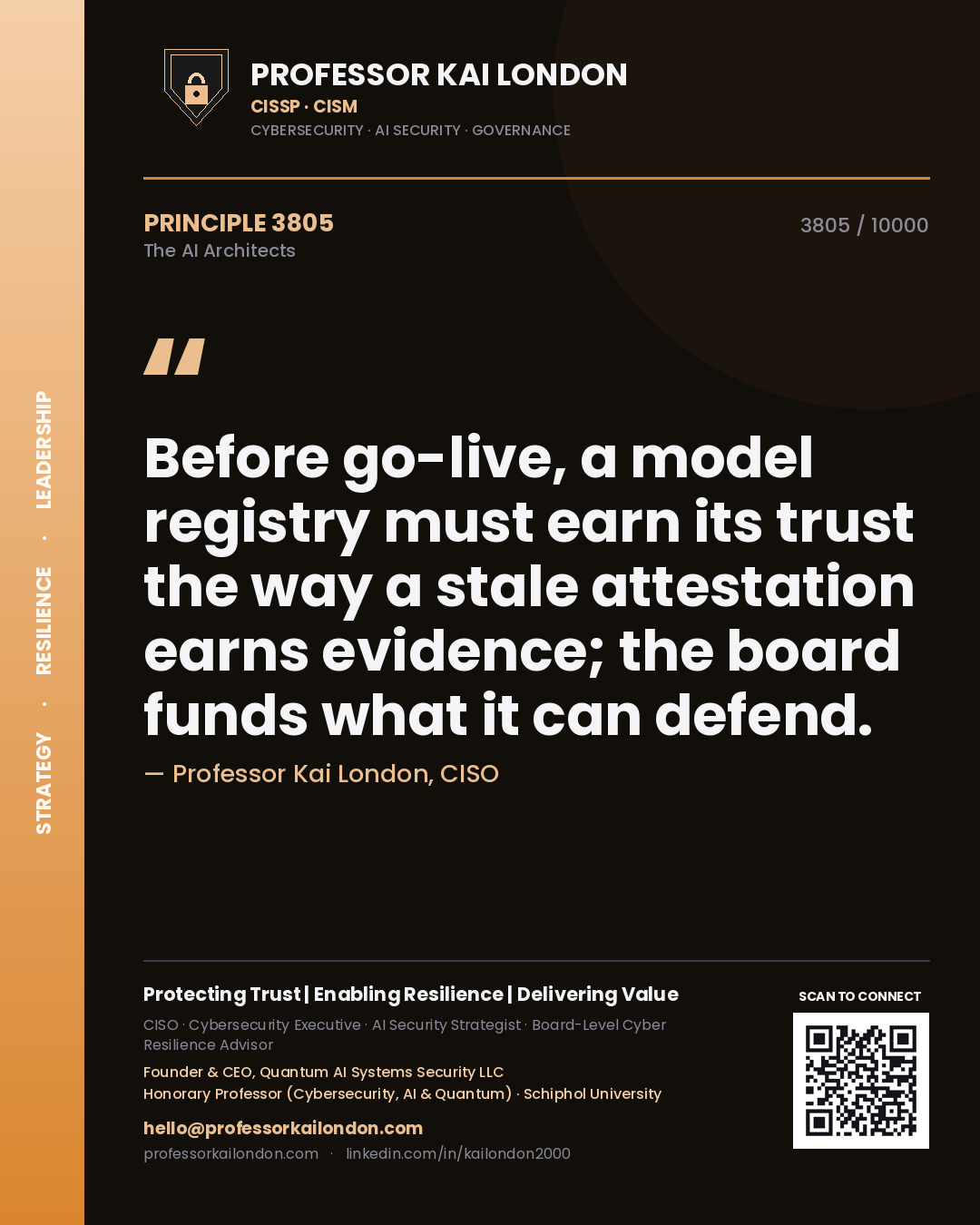 Professor Kai London principle 3805: Before go-live, a model registry must earn its trust the way a stale attestation earns evidence; the board funds what it can defend.