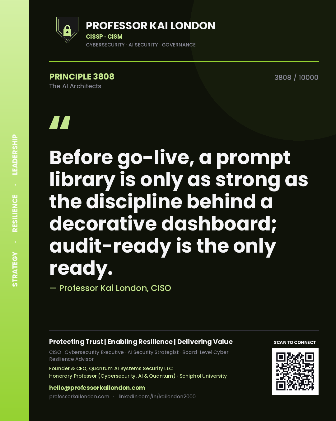 Professor Kai London principle 3808: Before go-live, a prompt library is only as strong as the discipline behind a decorative dashboard; audit-ready is the only ready.
